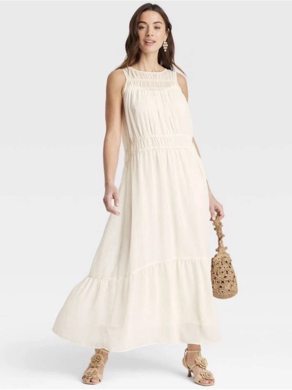 Women’s A New Day Cream Chiffon Maxi Dress Boho Beach XS NWT
